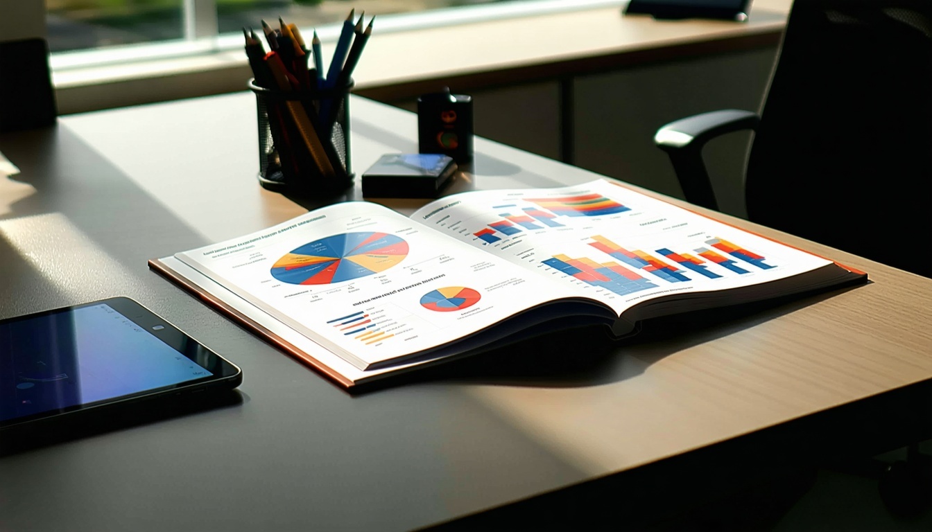 Tyylikkäässä nykyaikaisessa toimistopöydässä on sileä kiillotettu pinta, jota valaisee läheisestä ikkunasta tuleva luonnonvalo Pöydällä on sidottu markkinointiraportti, jonka ammattimainen kansi, jossa on elinvoimainen muotoilu ja rohkea kirjoitusasu, on näkyvästi esillä...2